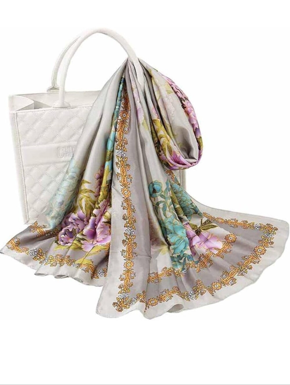 Elegant Floral Silk Scarf in Light Gray with Pastel Accents